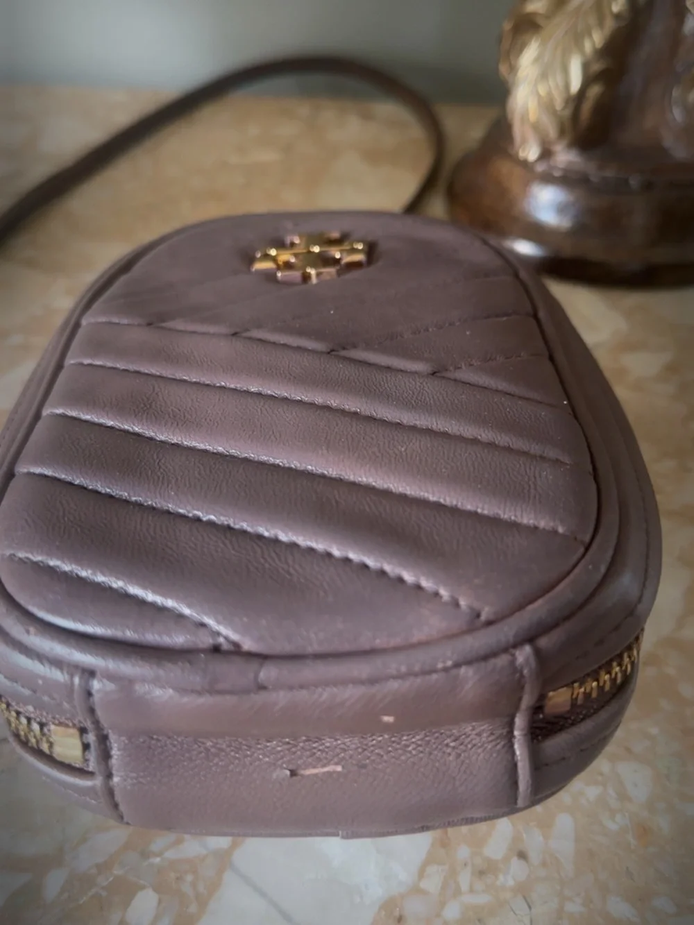 Tory Burch Taupe Quilted Leather Crossbody Phone Pouch with Gold Logo
